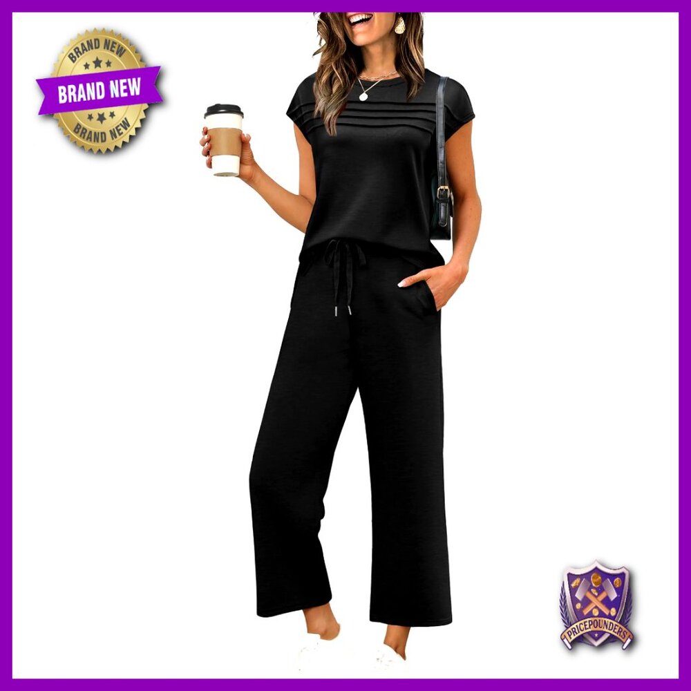 Two Piece Matching Set Cap Sleeve Top Wide Leg Pants Lounge Travel Outfit